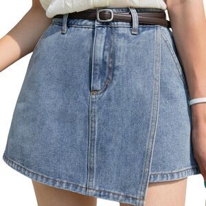 Y2K Women's High Waisted Denim Skort Wrap Hem Asymmetrical Jean Mini Skirt Short
